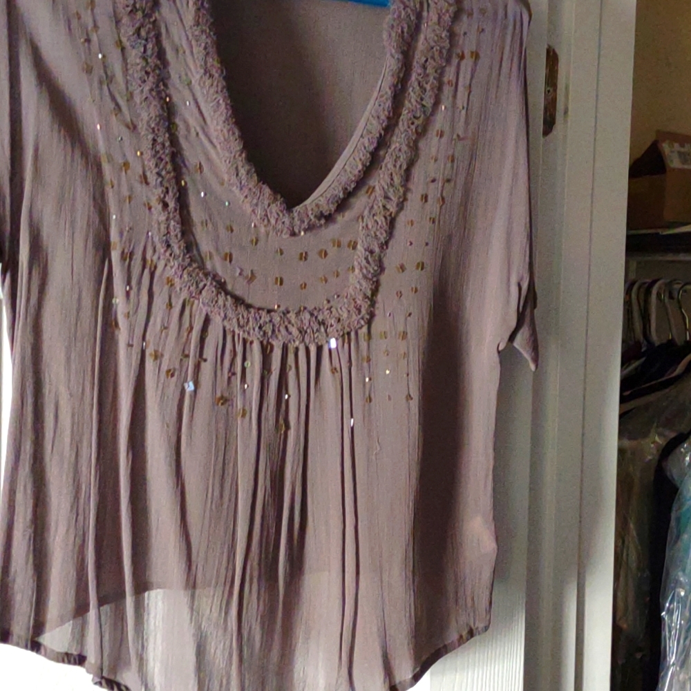 Sheer Gray V-Neck Sequin Embellished Top 100% Rayon